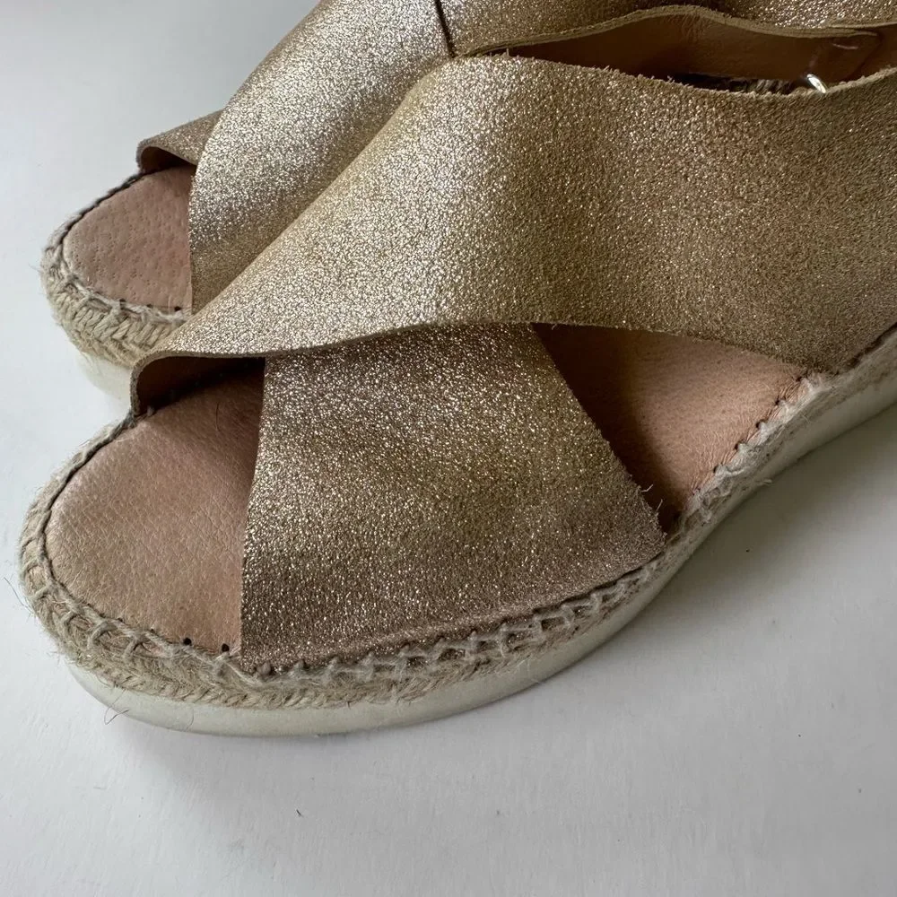 Kanna Gold Metallic Nubuck Suede Crossover Platform Wedge Espadrille Sandal 8